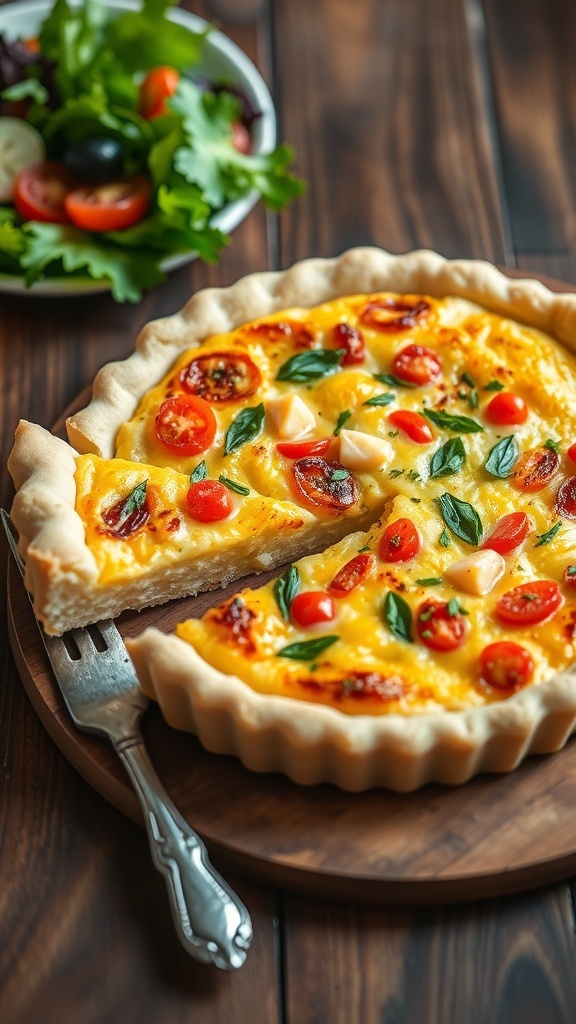 Savory Quiche Variations Recipe A golden quiche with vegetables and cheese, garnished with herbs, on a wooden table with a slice cut out.